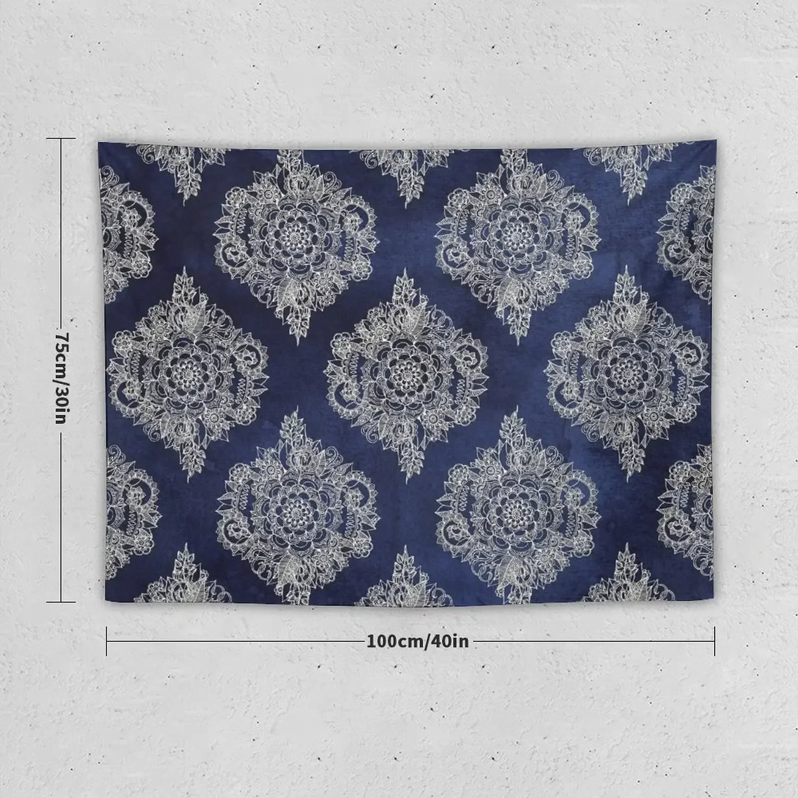 Cream Floral Moroccan Pattern on Deep Indigo Ink Tapestry Funny Wall Art Tapestry