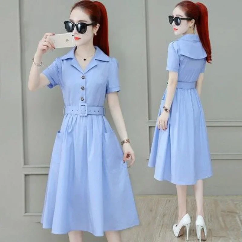 Women's 2025 Summer New Short Sleeves Shirt Office Beach Long Party Dress Elegant Korean Slim Vestido Casual For Female Clothes