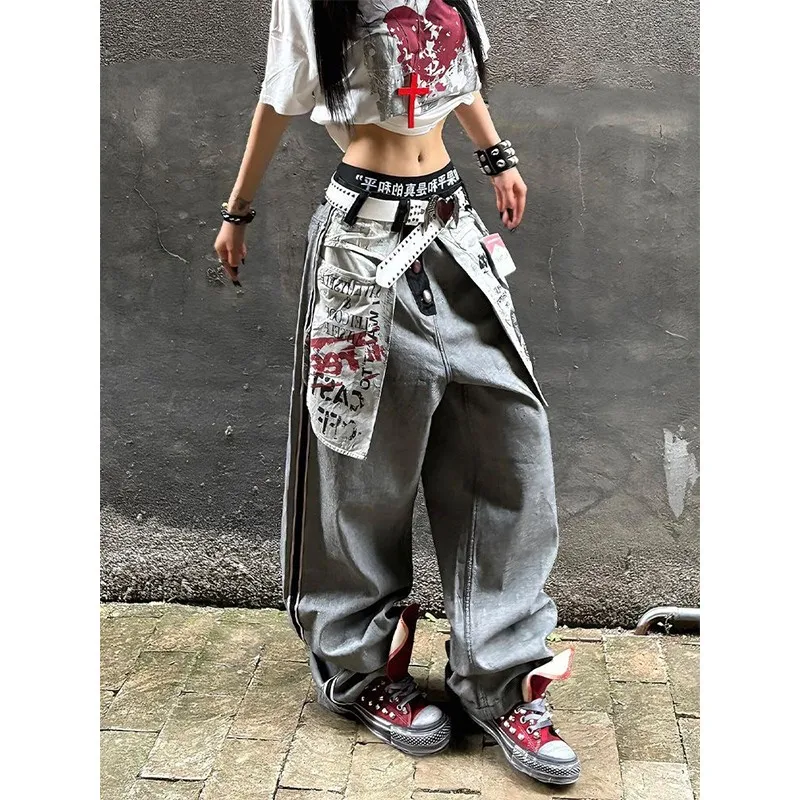 Oversize Jeans Women Reverse Denim Pants Gray Gothic Harajuku Style Baggy Trousers Y2K Streetwear Fashion