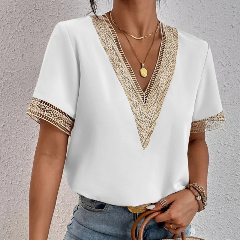 Summer Elegant Short Sleeve Lace Chiffon Blouse V Neck Office Lady 2024 Loose Woman Shirts Casual Tops Hollow Out Clothes 25125