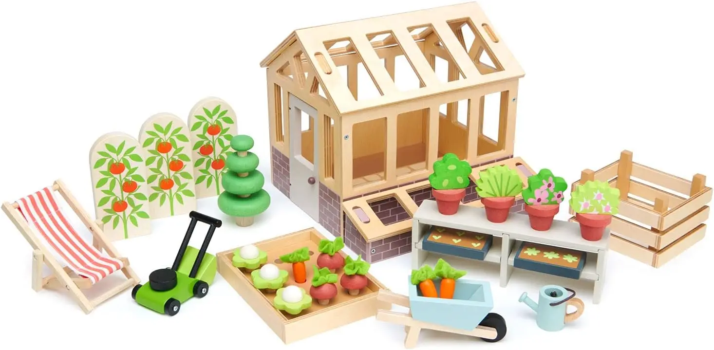 Tender Leaf Toys - Greenhouse Garden Set - 28 Pcs Natural Gardening Miniature Pretend Play Set, Wooden Harvest Farm Toys -