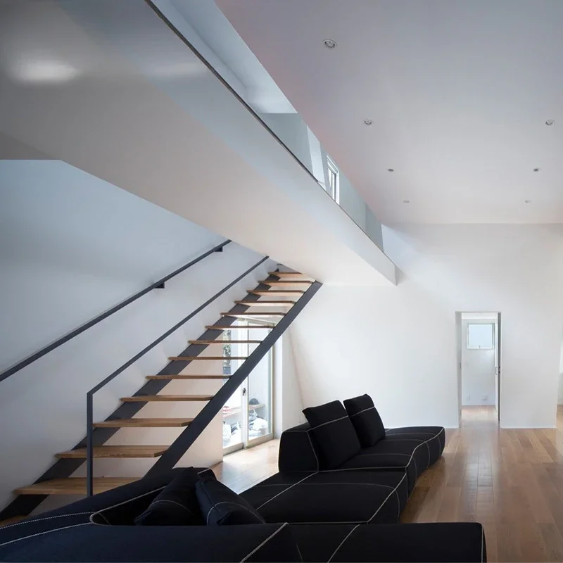 

Staircase: modern minimalist attic, duplex steel and wood straight beam staircase, interior duplex staircase