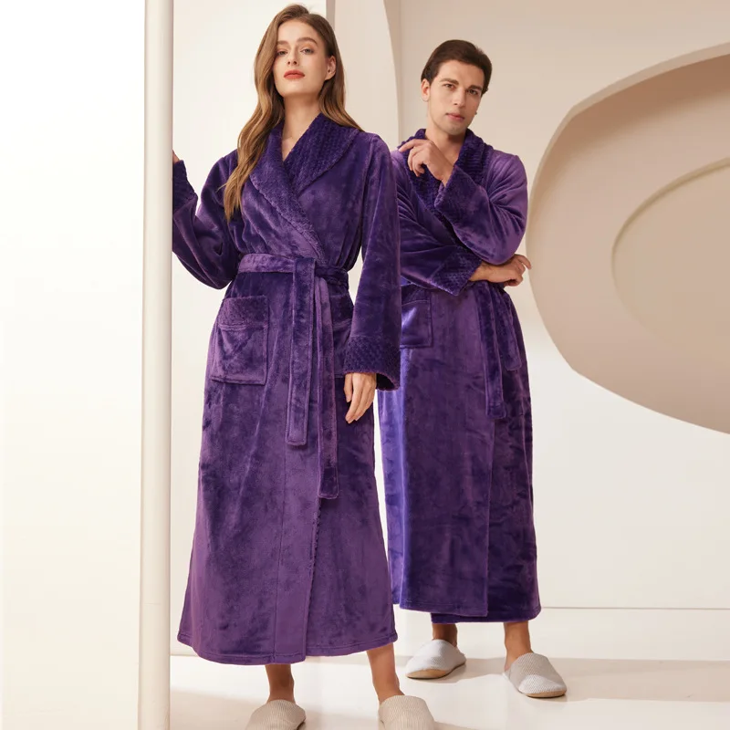 Autumn and Winter Warm Long Coral Velvet Thick Couple Solid Color Bath Bathrobes Men Women Pajamas Shower Plush Warm Long Robe