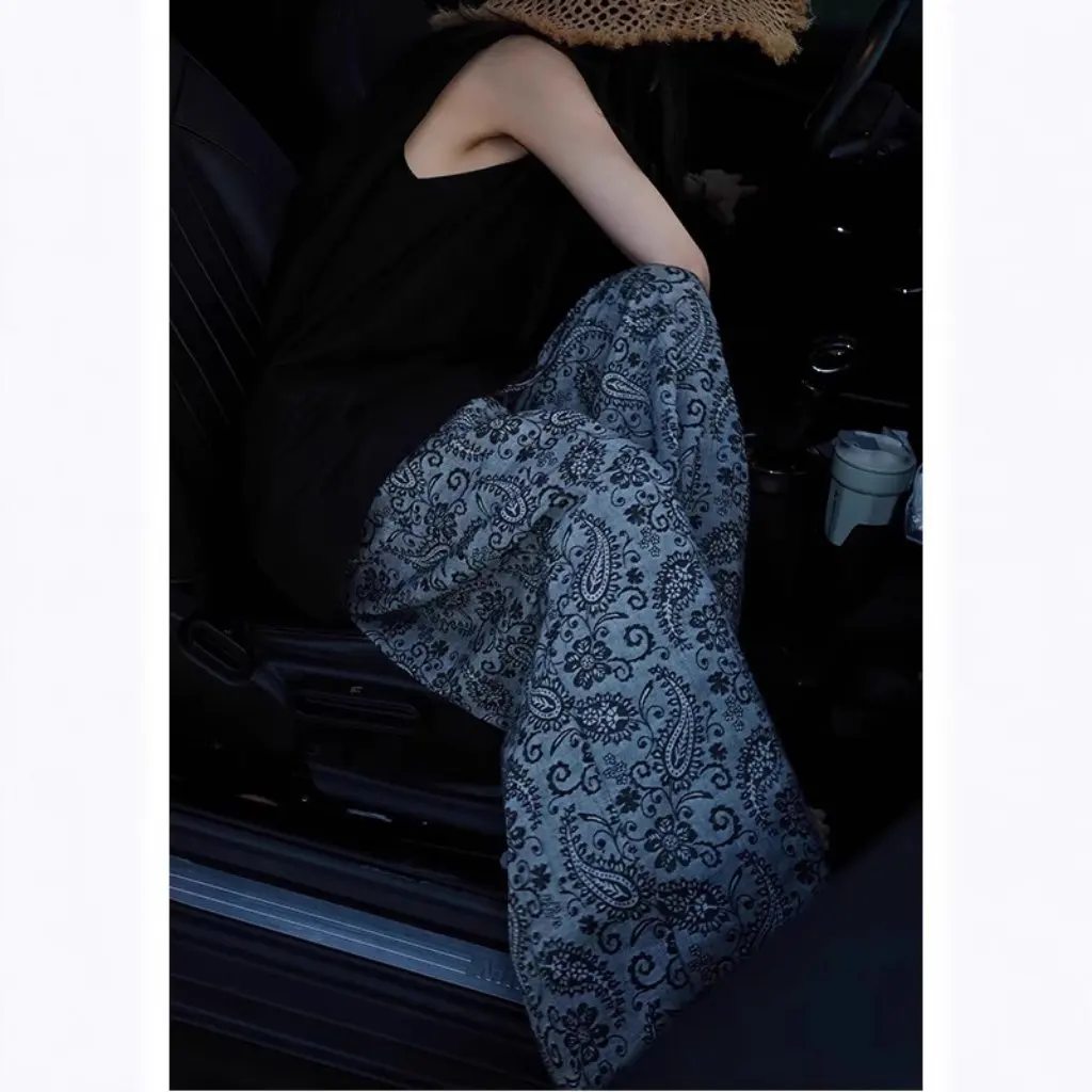 

Женский летний OOTD крутой и дерзкий повседневный черный жилет и синие широкие брюки с принтом, готовый комплект