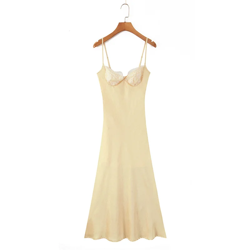 Women's Dress 2025 Autumn New style Yellow Cami Satin Feel V-neck Long Dress Sexy Fashion Elegant Temperament