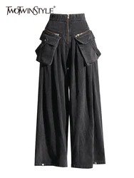 TWOTWINSTYLE Patchwork Pockets Casual Loose Denim Pants For Women High Waist Spliced Zipper Streetwear Cargo Jeans Female New