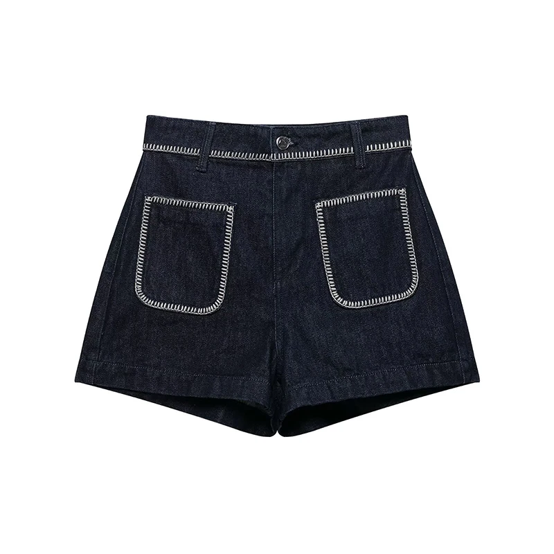 

RAFZNB Women Fashion Bright Line Decoration Denim Shorts Casual High Waist Skort Female Front Patch Pocket Skorts