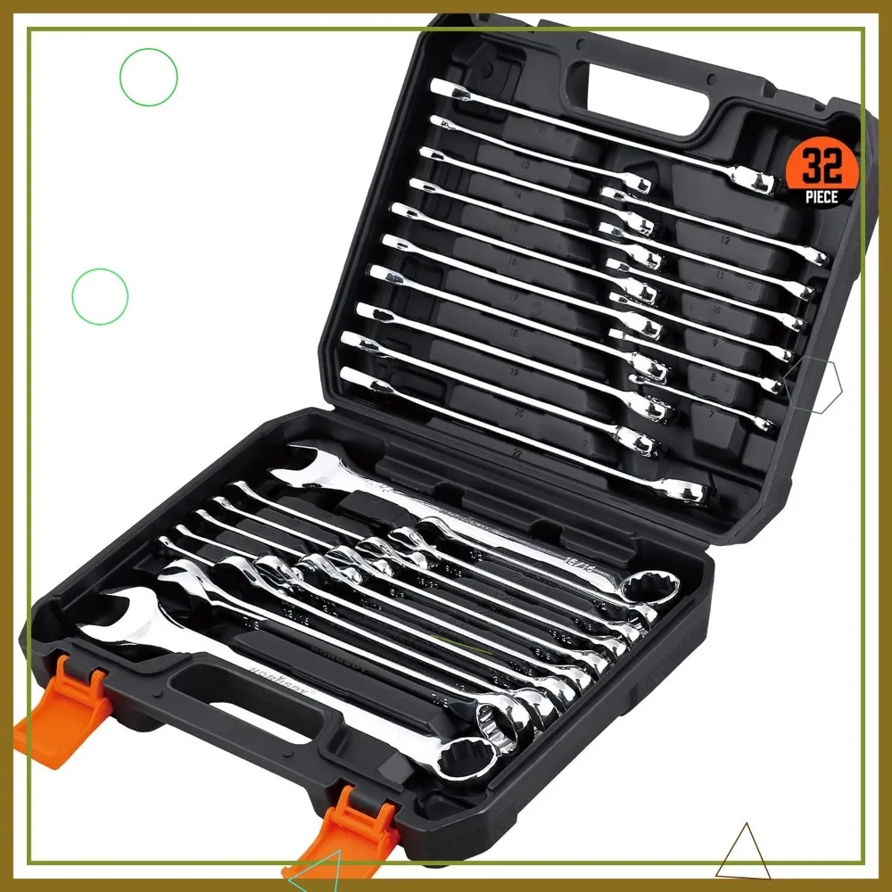 

32-Piece SAE and Metric Wrench Set, 1/4"-1" & 7mm-22mm, 12 Point Chrome Vanadium Steel with Storage Case