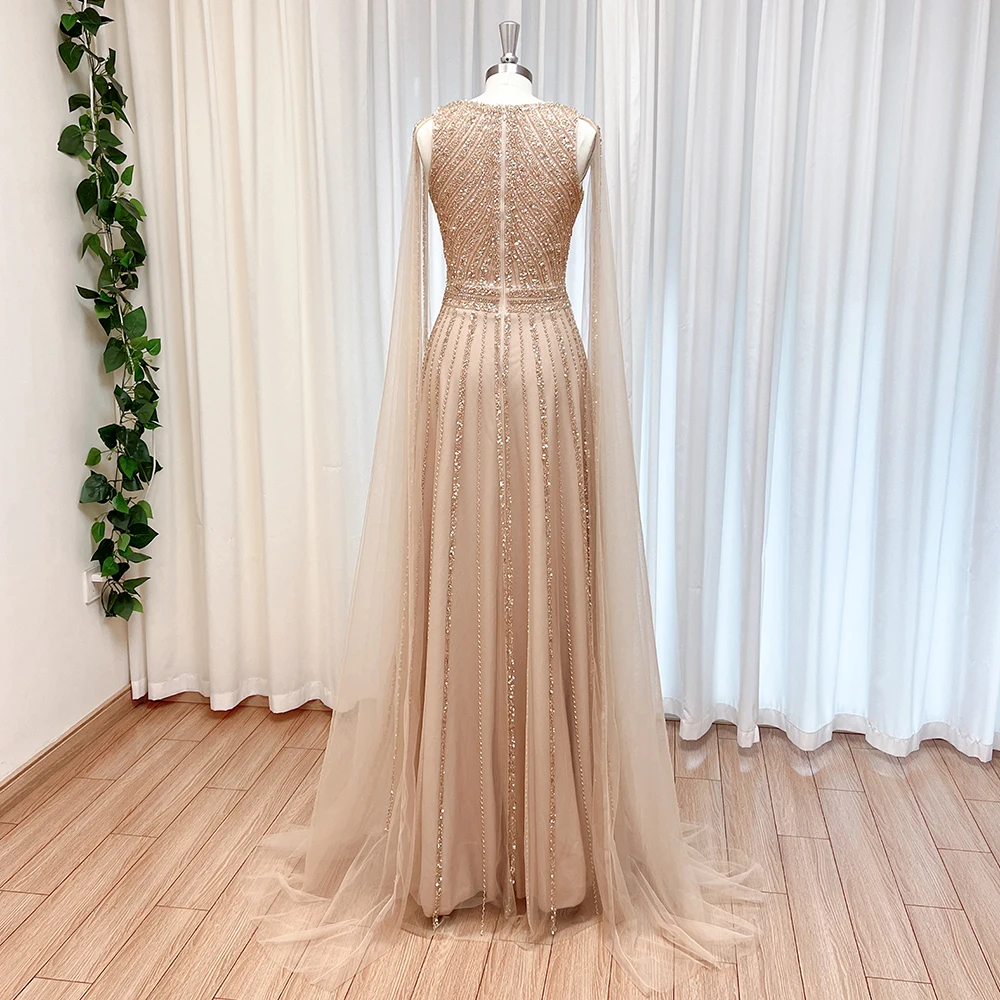 Luxury Aline Beads Evening Dress for Women 2024 with Cape Sleeves Elegant O Neck Long Formal Prom Wedding Party Gown Customized