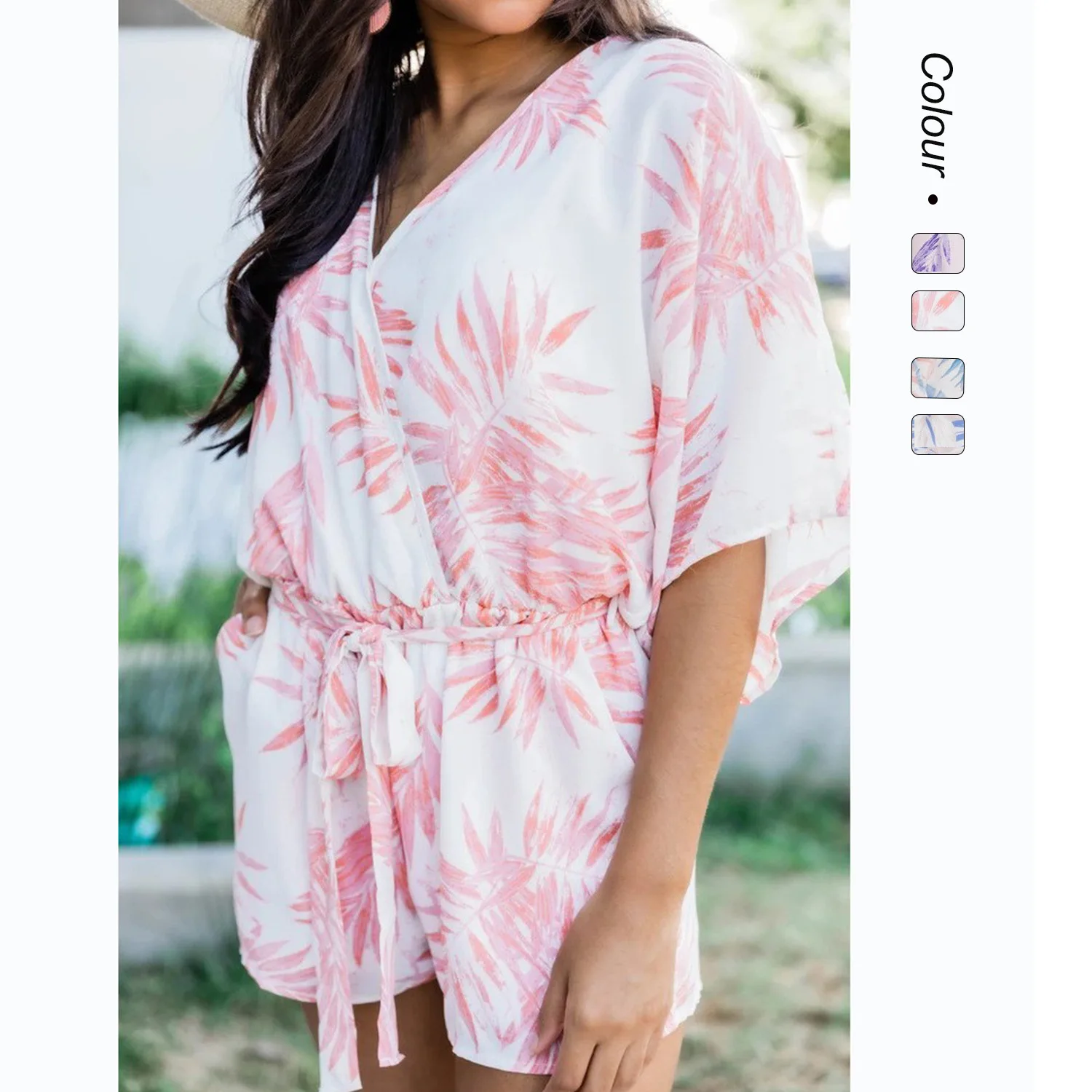 

New spring and summer casual style digital printing V-neck elastic waist design, waist strap 8513