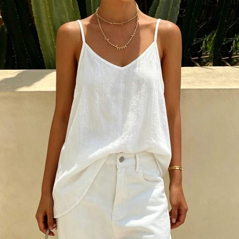 Minimalist Tanks Loose Fit Cotton Linen Summer Blouse Women's V-Neck Spaghetti Strap Camisole Solid Color Sleeveless Tank Top