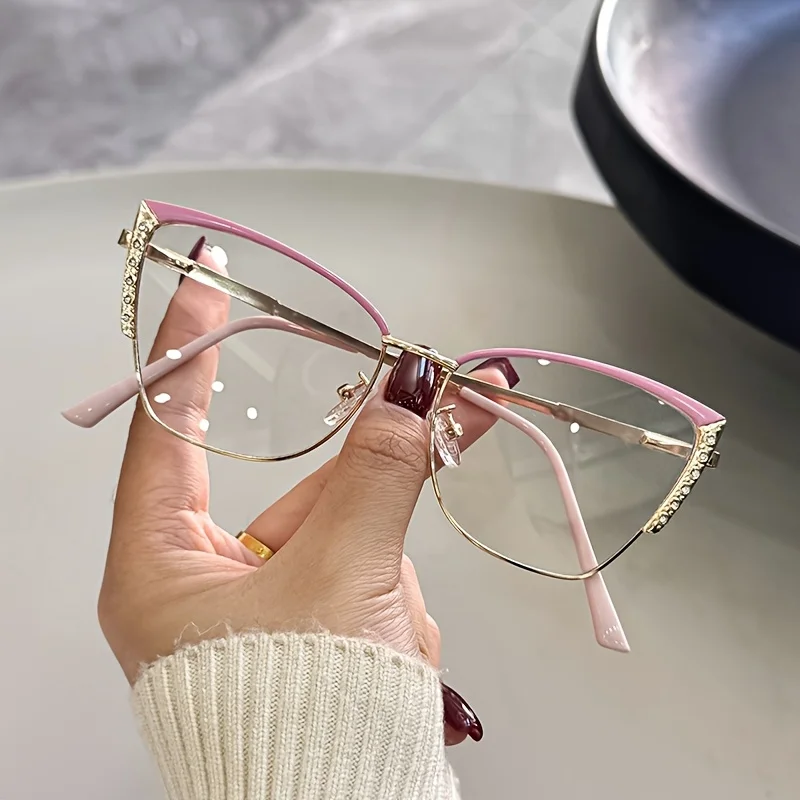 Gafas de ojo de gato con diamantes - Gafas de montura completa sin prescripción, montura dorada, rosa/taupe/marrón/melocotón - Gafas redondas de lujo para fiestas, bodas y uso diario - Gafas con efecto facial