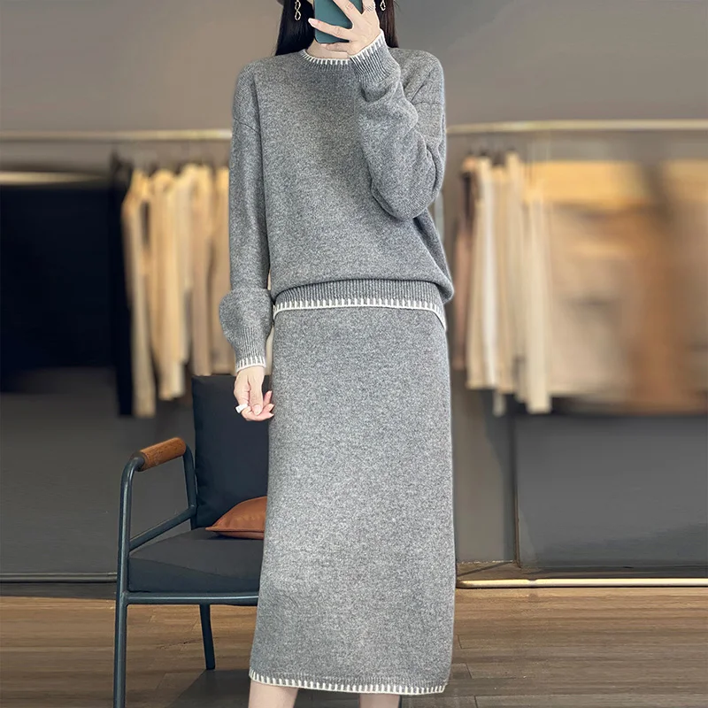 DjzDsm Autumn and Winter New Fashionable 100% Merino Wool Skirt Women's Round Neck Loose Sweater Casual Knee Skirt 2-piece Set