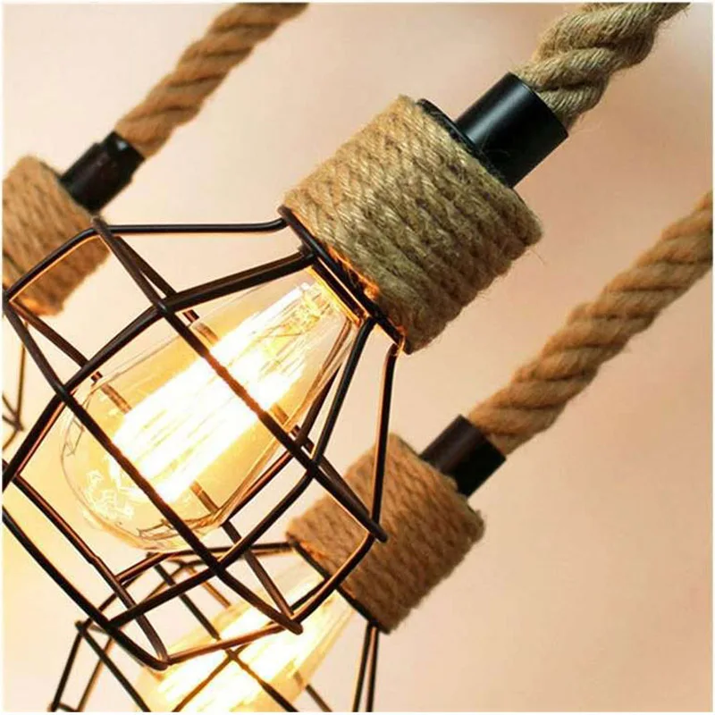 Loft Vintage Retro Cage Hemp Rope Pendant Lights Bar Pub Club Cafe Restaurant Living Room Balcony Stair Aisle Pendant Lamp