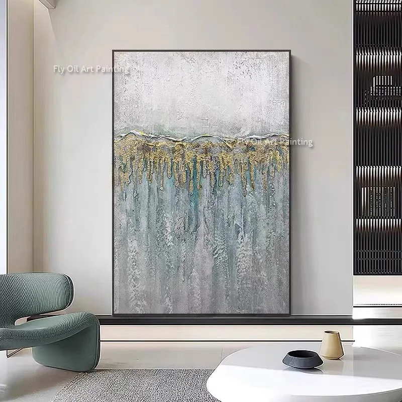 Yellow And Gray White Abstract Thick Canvas Oil Painting Handpainted Blue Grey Wall Art Gold Foil Artwork For Living Room Decor