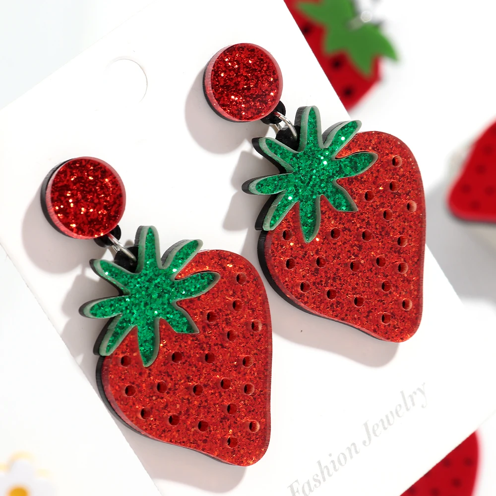 

Trendy Glitter Red Strawberry Acrylic Women's Drop Earrings Cute Sweet Flower Fruit Dangle Earring Fashion Party Jewelry Gifts