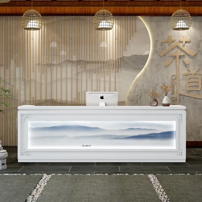 Retro Chinese Style Solid Wood Front Desk Counter for Hotel Beauty Health Center Tea House Bar Checkout Reception Table