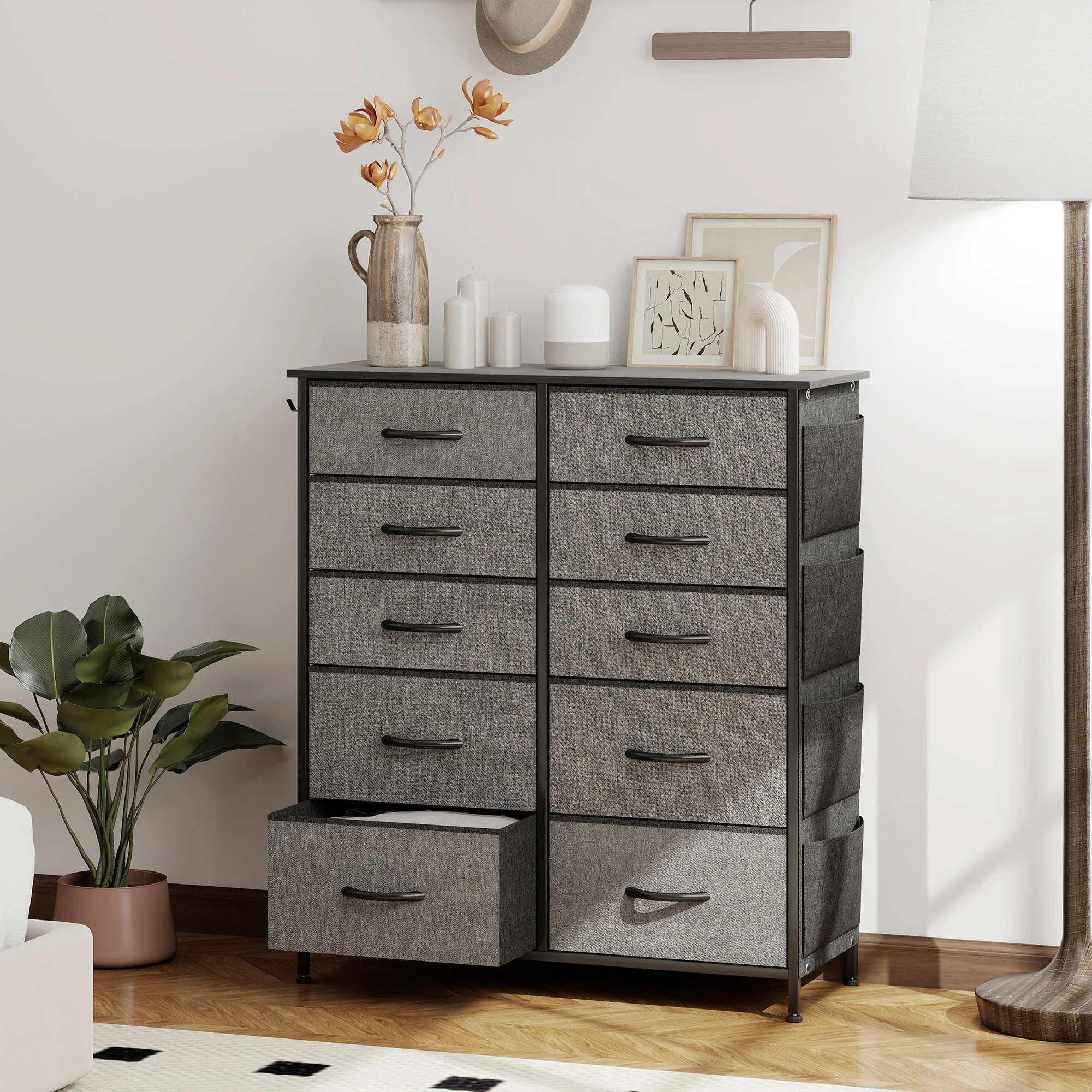 HOMCOM Fabric Chest of Drawers 10 Drawer Dresser for Bedroom Charcoal Grey