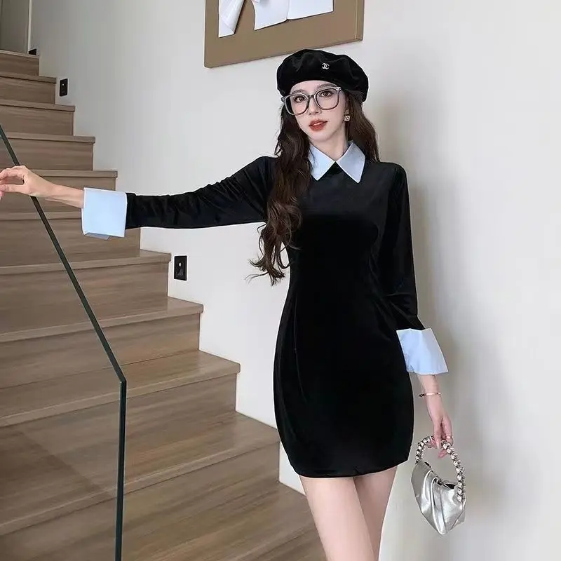 Korean Style Fake Two-piece Spliced Polo Collar Slim Fit Dress for Women with Autumn Temperament Versatile and Hip Hugging Skirt