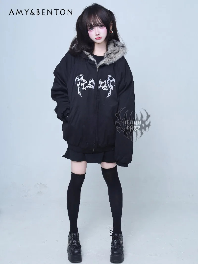 التصميم الأصلي Harajuku نمط القوطية المطرزة الفراء طوق مقنعين سترة قطن ثقافة فرعية داكنة سميكة المتضخم معطف للنساء #2