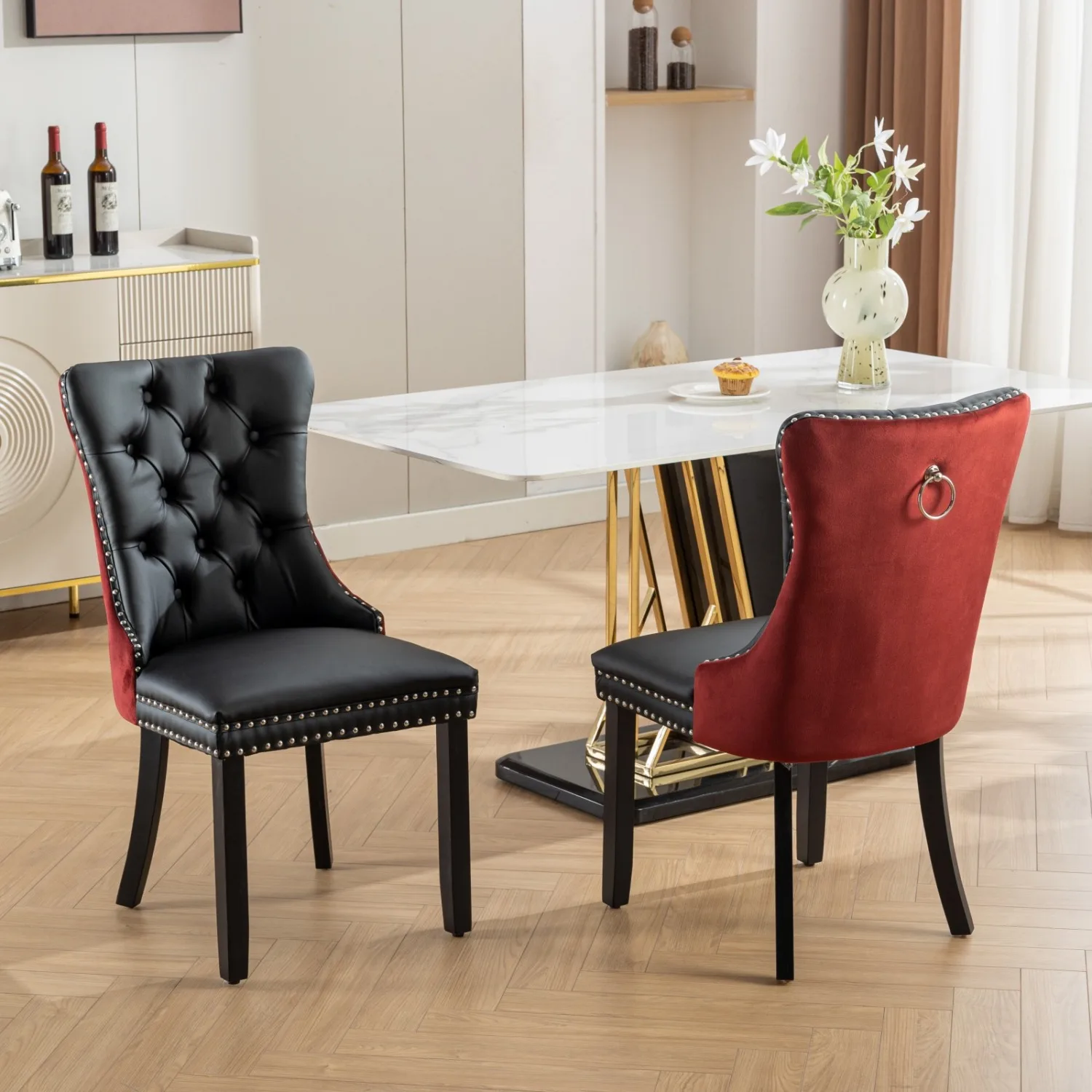 A&A Furniture, Nikki Collection Modern, High-end Tufted Solid Wood Contemporary PU and Velvet Upholstered Dining Chair with Wood