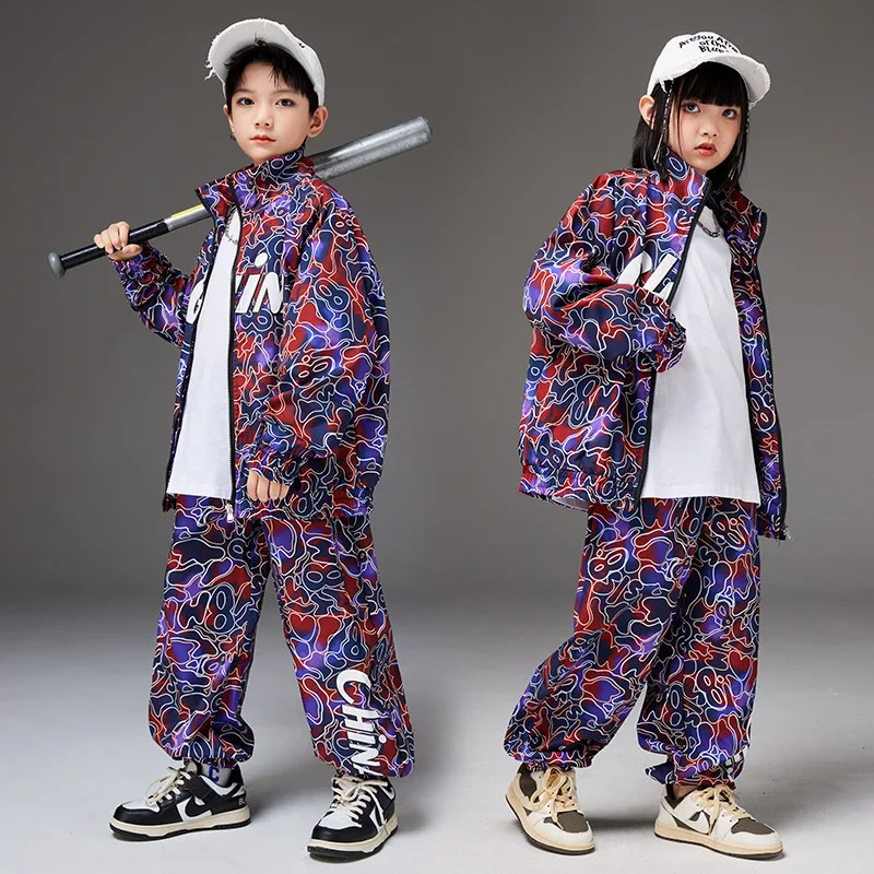 New Hip Hop Costume for Kids Jazz Dance Performance Suit Print Long Sleeves Tops Pants Girls Boys Stage Clothes Sets 10 12 14 Y