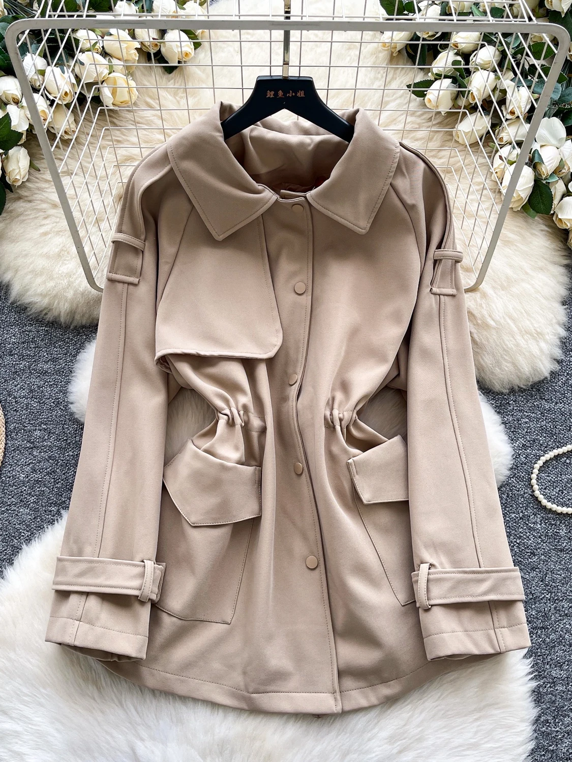 

Женское длинное пальто цвета хаки, зимнее модное дизайнерское пальто с воротником-стойкой, корейская свободная верхняя одежда