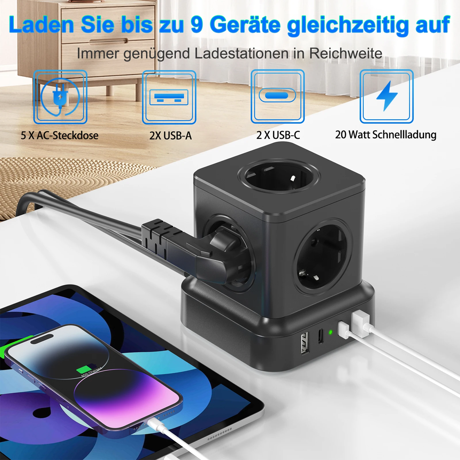 European Desktop Power Strip Tower Fast Charging Station with 2 USB-C 2 USB-A, Power Socket Surge Protector with 1.8m Cable