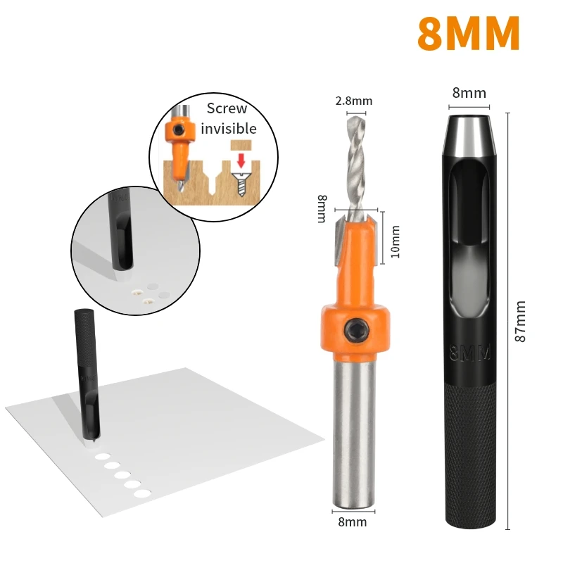 YUSUN 2PCS 8MM Shank Countersink with Punch Router Bit Woodworking Milling Cutter For Wood Face Mill