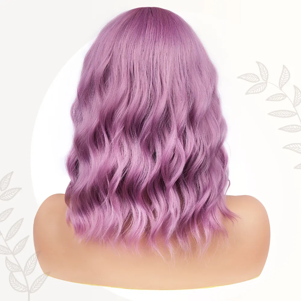 Short Wavy Wig with Bangs, Short Purple Bob Wigs for Women, Wavy Bob Wig with Bangs Synthetic Natural Looking Heat Resistatant