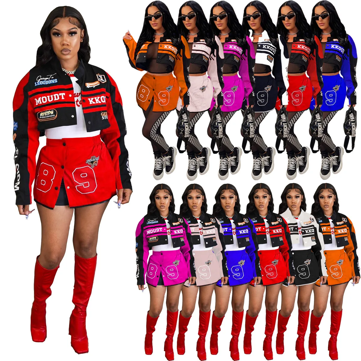 

Varsity Detachable Coats Letter Printed Racing Button Up Bomber Jackets 2023 Autumn Winter Streetwear Fitness Skirt Matching Set