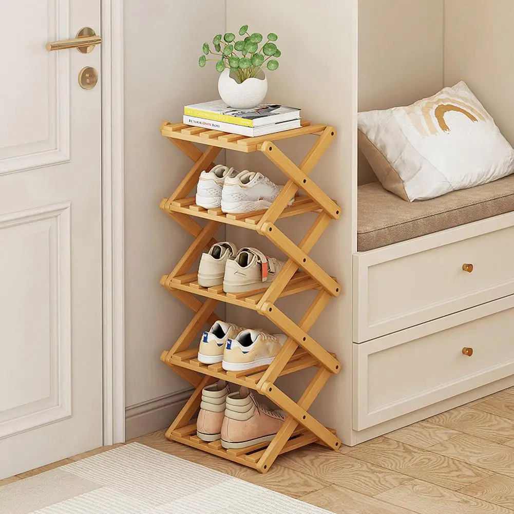 Bamboo Folding Shoe Rack Space Saving Wooden Shoes Organizer Entryway Corner Shelf Stable Construction Large Capacity Cabinet