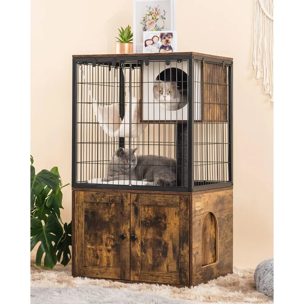 Cat Litter Box Enclosure, Cat Trees, Wire Cat Cages, All-in-one, Removable and Washable Cushion, Hammock