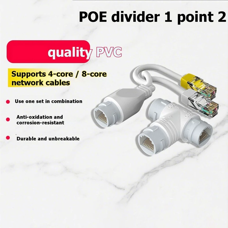 DT19 POE Splitter 2 in 1 RJ45 Connector Three-Way Network Cabling, POE Cable for IP Security Camera, 100M Ethernet Splitter