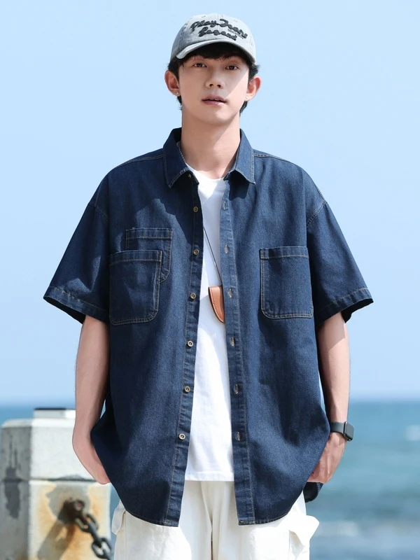 

Loose Casual Men's Denim irt Breathable Summer New Sle Wear Resistant ort Sve Cuban Collar T-irt Sle Trendy Oute...