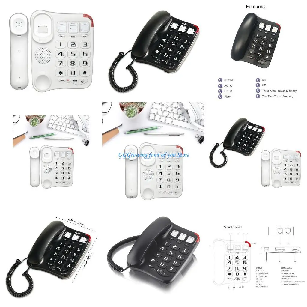 H9EB TCF-2300 Senior Telephone Landline Phone Large Button Loudspeaker Phone for LowVisionGroup Black / White