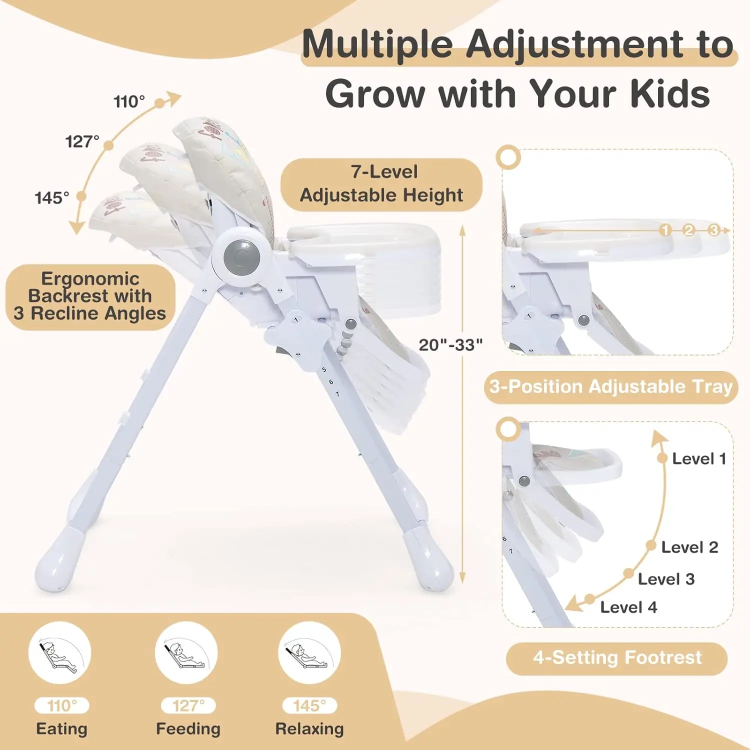 Baby High Chair, Foldable Highchair with Adjustable Height, Recline & Footrest, Removable Dishwasher Safe Double Tray,