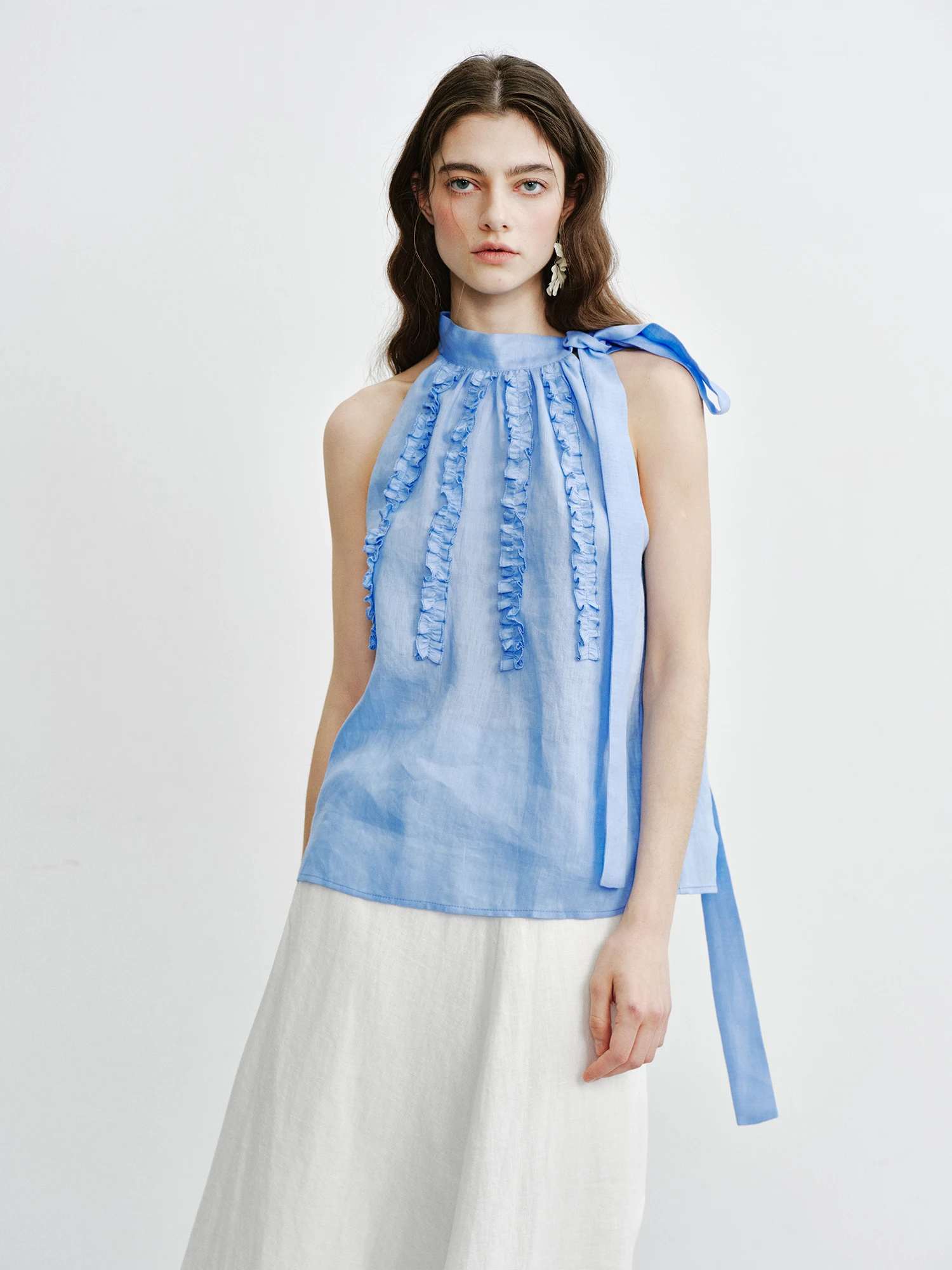 

Blue Full Linen Loose Women's Summer Design Hanging Neck Strap Top French Style Breathable Lightweight Casual Outfit