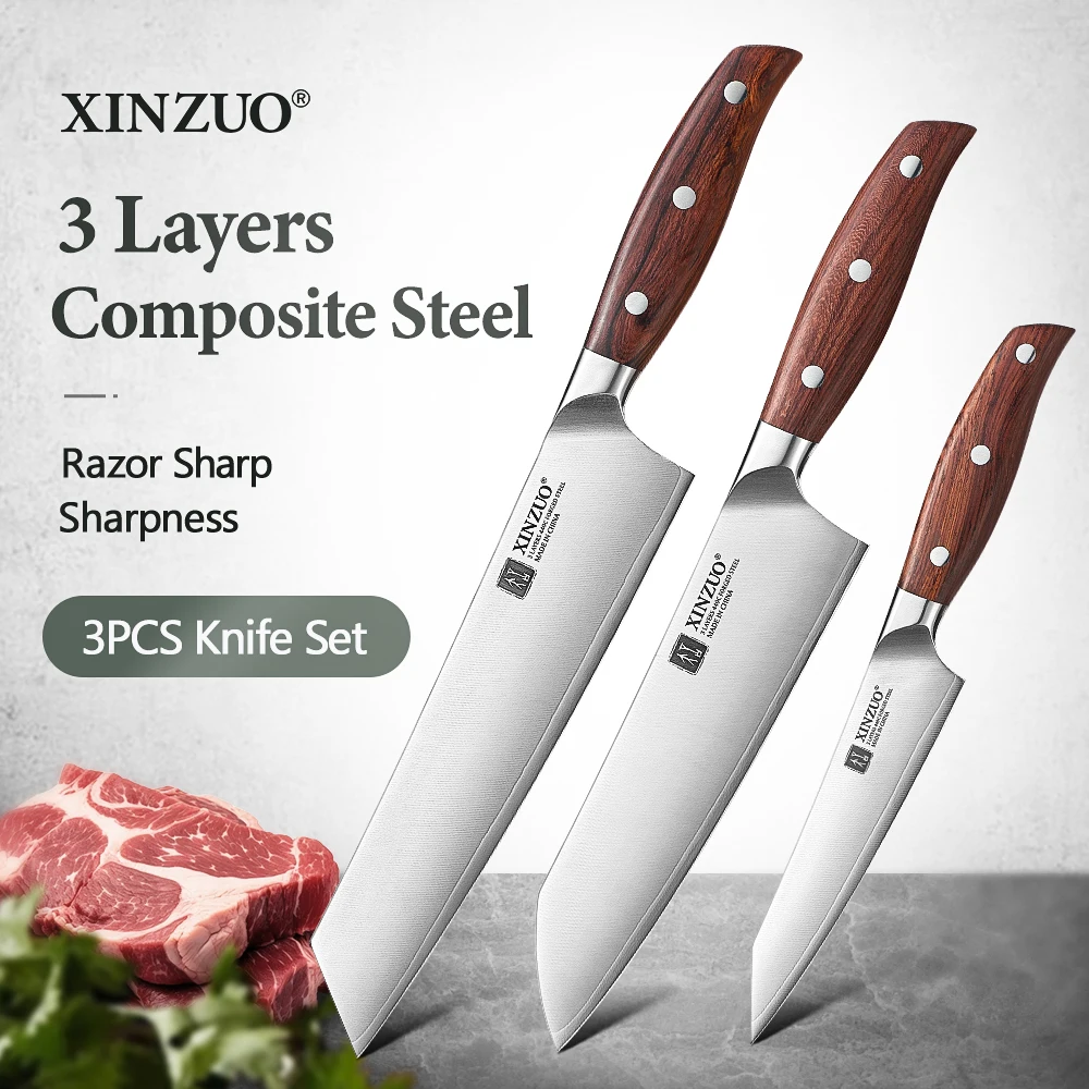 XINZUO 3 Layers Composite Stee 1-3PCS 440C Core Santoku Bunka Utility Knife Multi Function Knife Best Gift