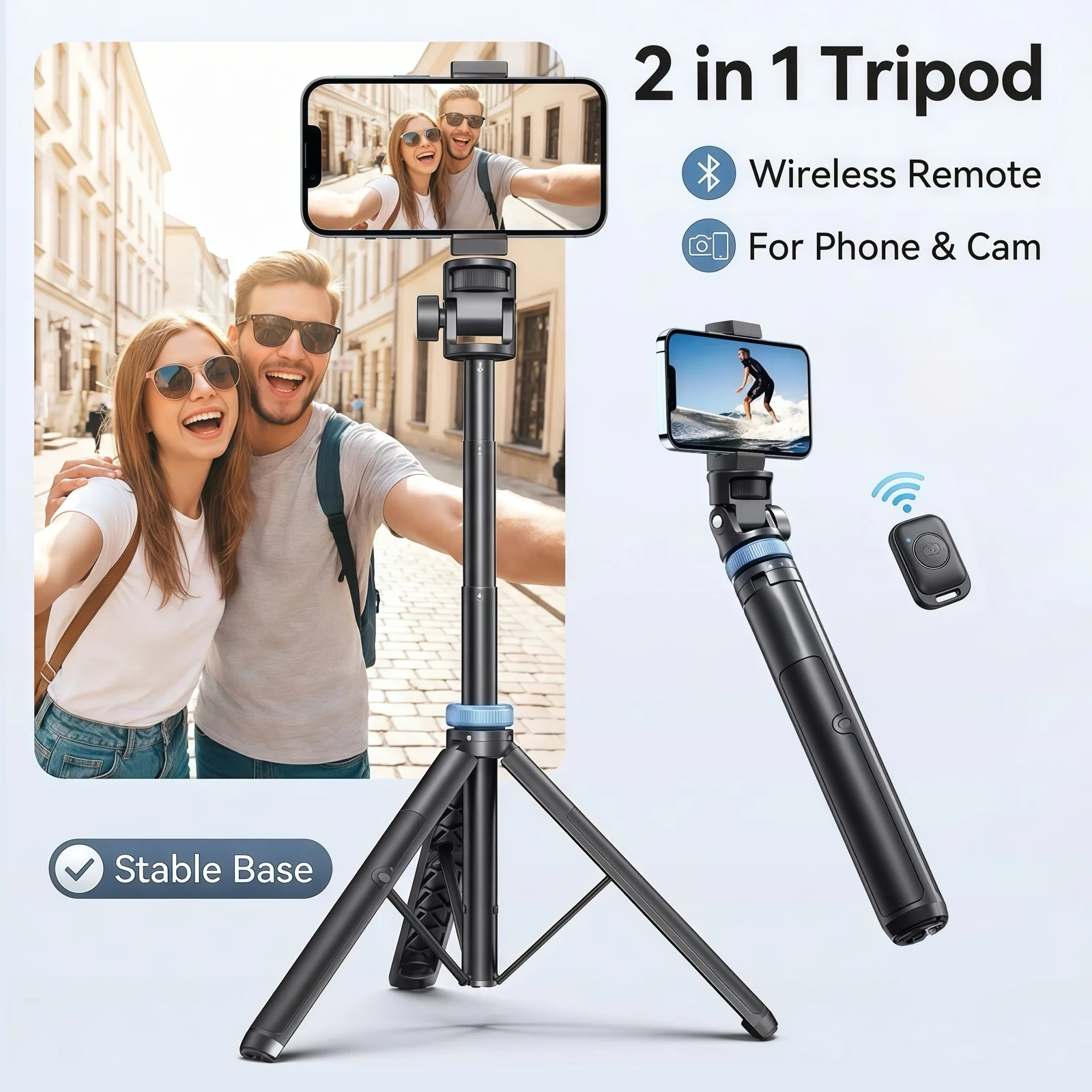 Statyw do selfie 3 w 1 z Bluetooth i pilotem do iPhone'a, Samsunga, GoPro, DJI, Insta360, rozkładany, przenośny statyw do vlogowania
