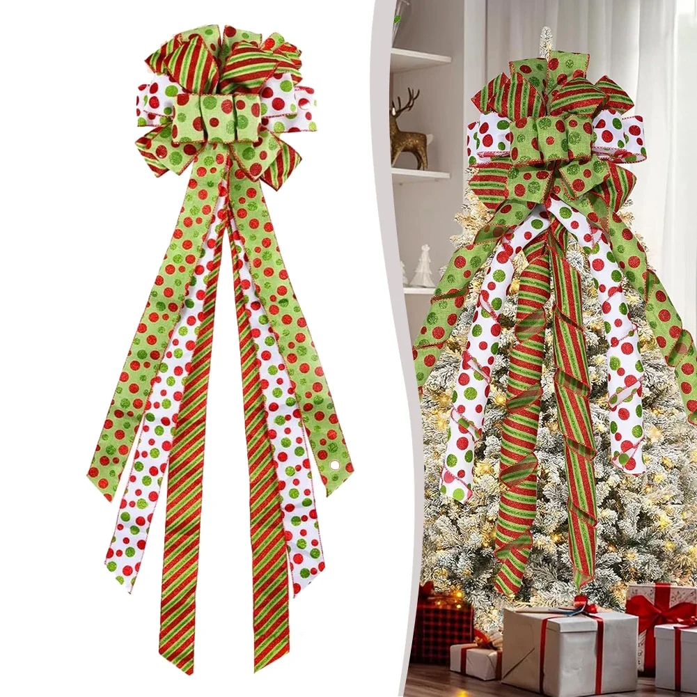 Festive Green and Red Tree Topper Bow with Glittering Polka Dots Enhances the Beauty of Your Christmas Decorations with Ease