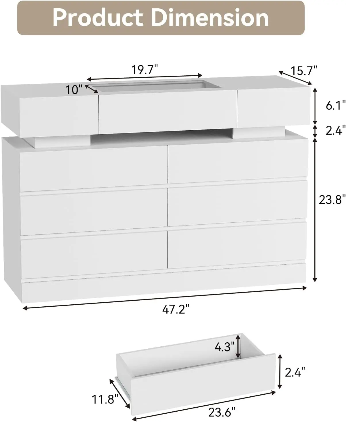 White Dresser for Bedroom 6 Drawer Dresser Organizer for Closet Clothes Chest of Drawers 47’’ Modern Storage Cabinet