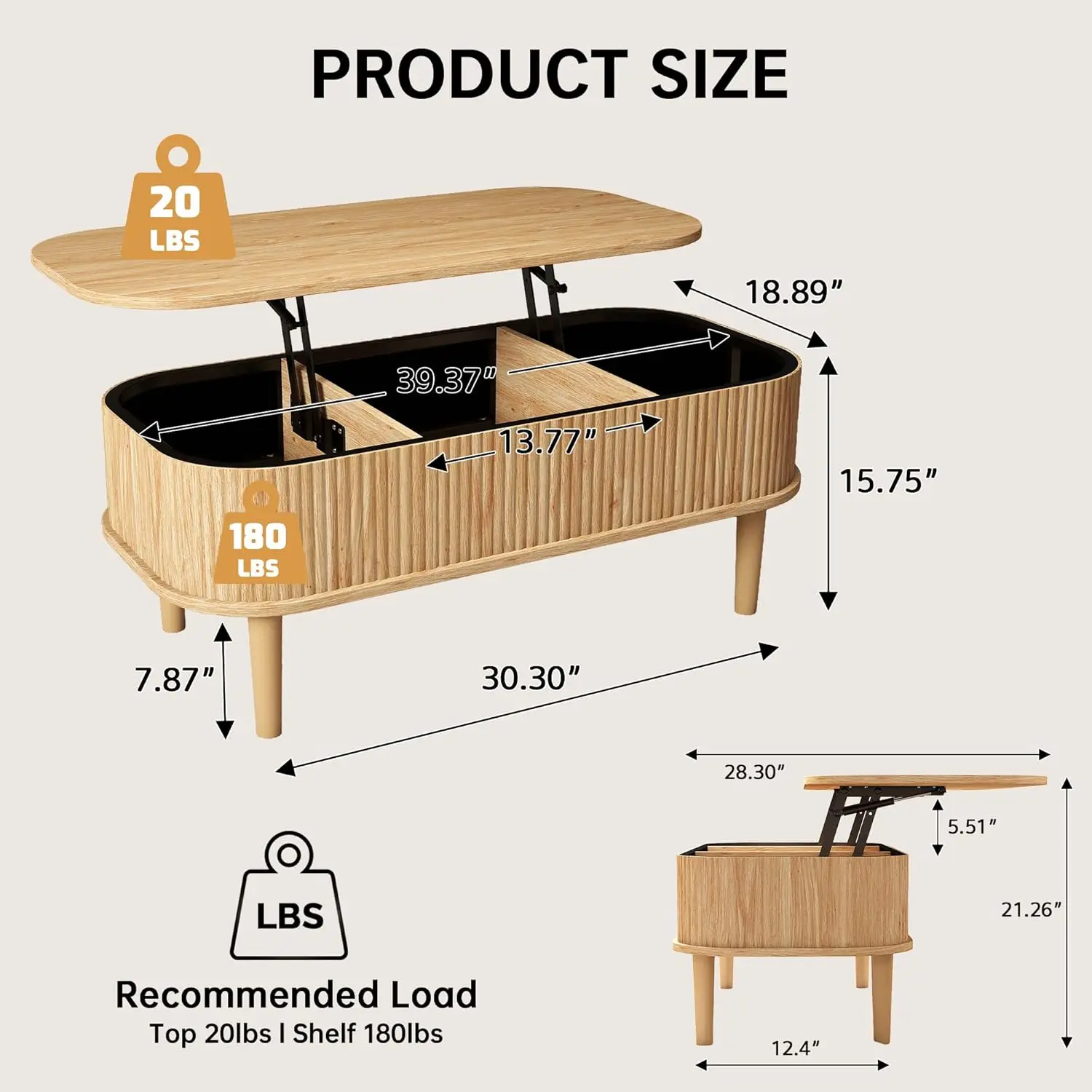 Coffee Table, Fluted Lift Top Coffee Tables For Living Room, Center Tables With Hidden Compartment, Modern Oval Coffee Table For