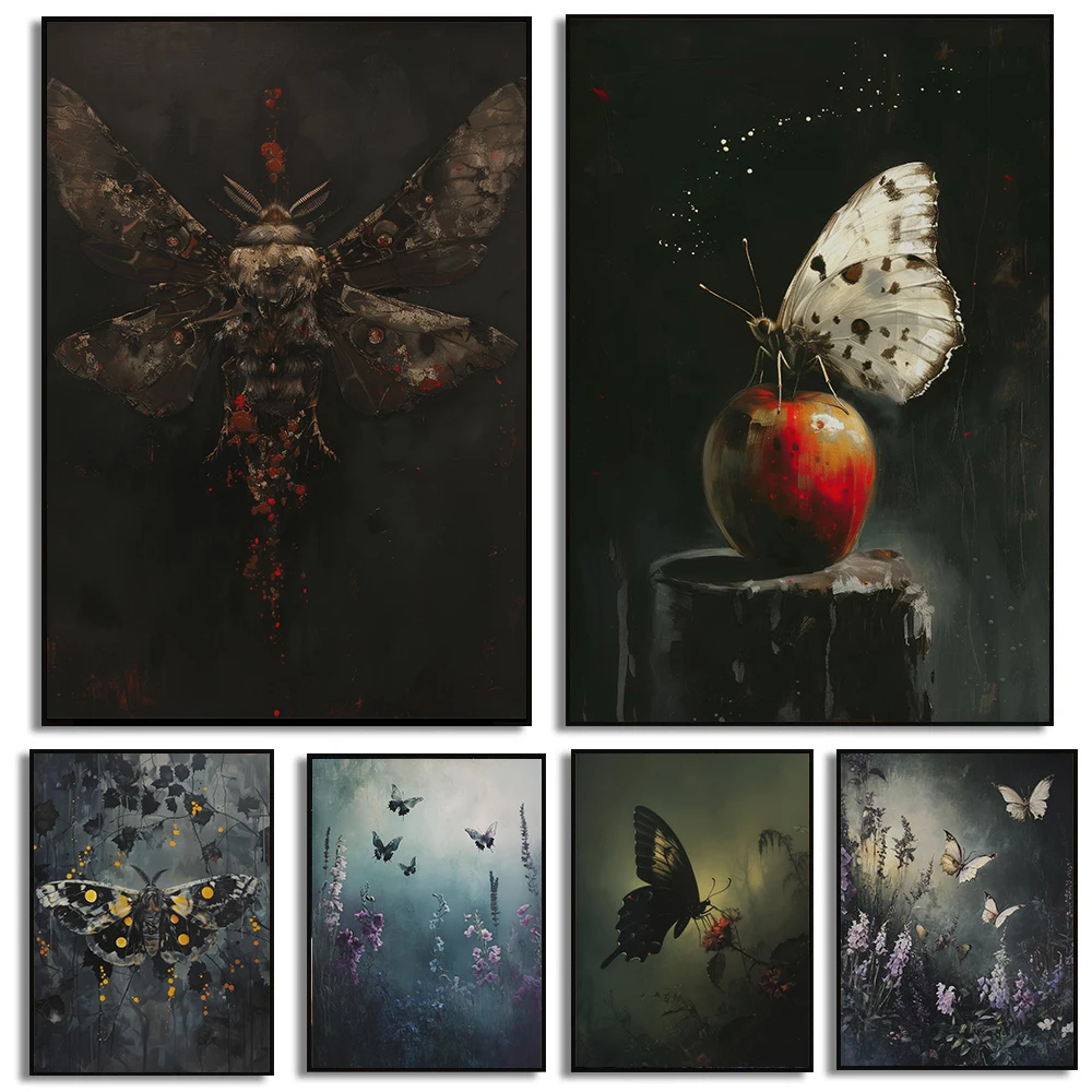 1pc Frameless Dark Gothic Botanical Butterfly and Moth Posters Whimsical Cottagecore Garden Prints Canvas Painting Wall Art H