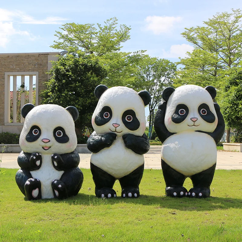 Cartoon Panda Statue Fiberglass Outdoor Animal Sculpture for Kindergarten Sales Office Residential Community Garden Lawn Decor