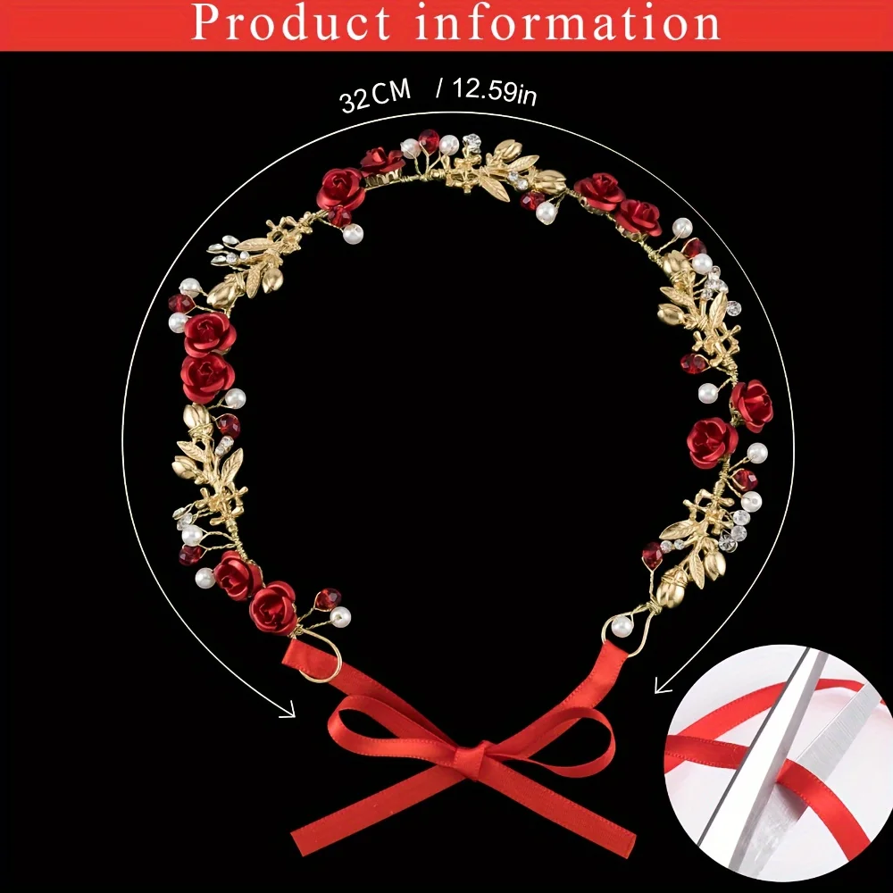 Red Handmade Rose Headband Decorated With Imitation Pearl Rhinestones For Brides, Women, Weddings, Parties, And Banquets