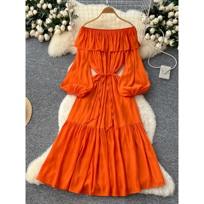 

French Style Gentle Design Sense Off-Shoulder Ruffle Patchwork Lantern Sleeve Waist-Cinching Slimming Elegant Draped Dress