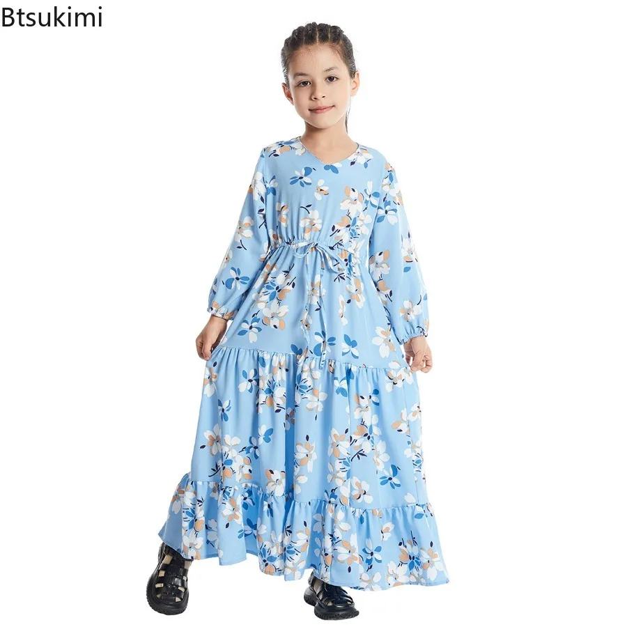 2024 Fashion Muslim Children Abaya Print Maxi Dress for Girl Long Robe Gowns Kimono Cute Jubah Middle East Arab Islamic Clothing