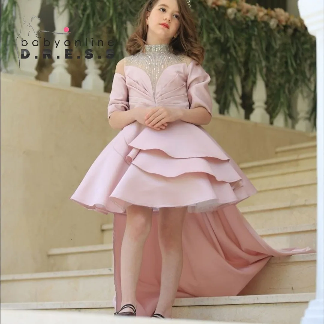 BABYONLINE Customized Flower Girl Dress Cape-sleeve Crystal Beaded Top Full Satin High-low Detachable Tail Ball Gown Wedding Kid