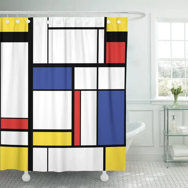 Blue Pattern Abstract Modern Painting in Mondrian Colorful Bauhaus Waterproof Polyester Fabric Shower Curtain 60 x 72 inches